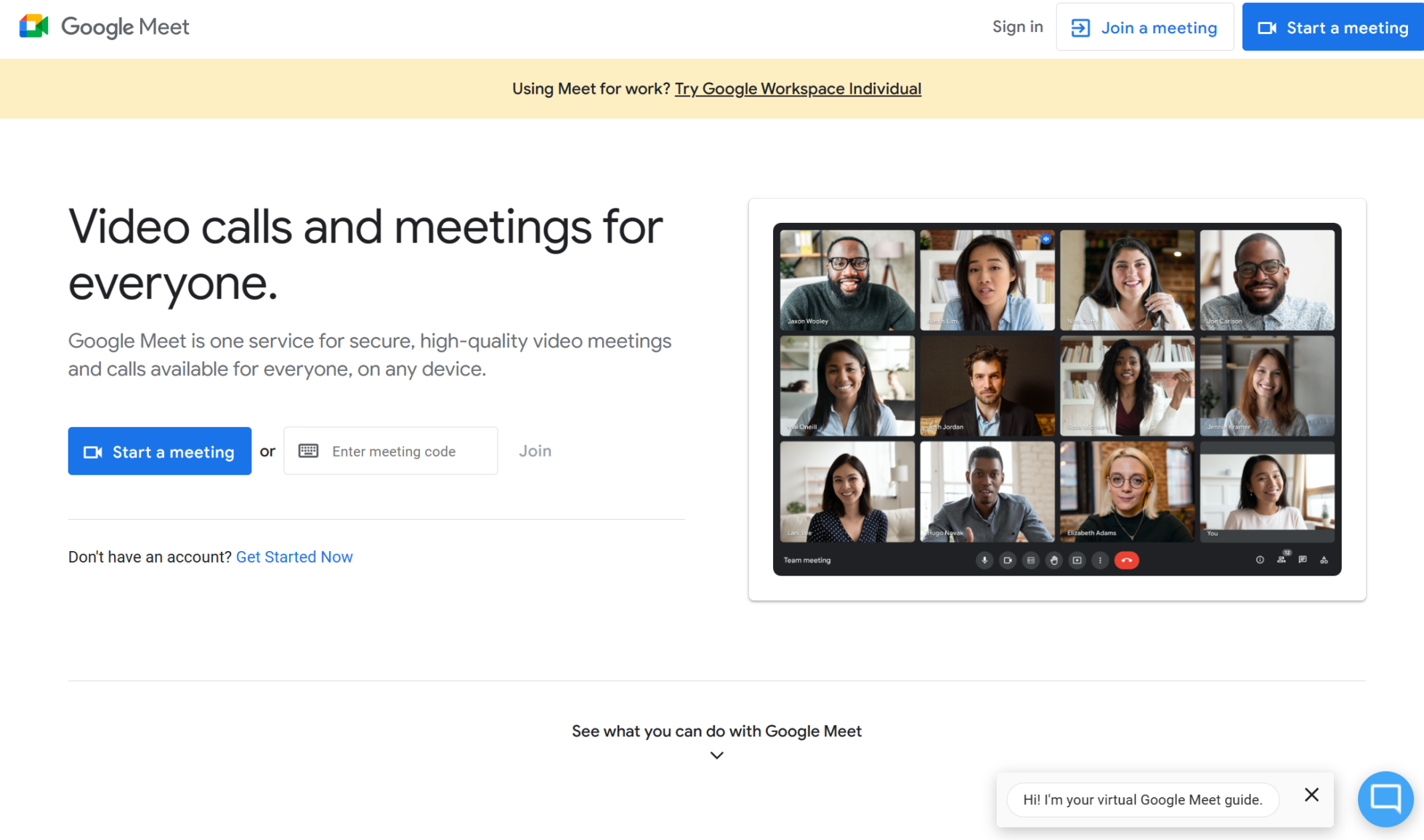 Google Meet's hero page; is it one of the best free video calling websites?