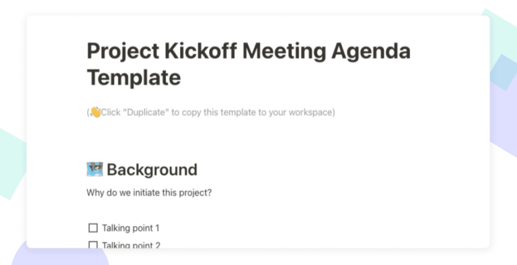 Agenda de reuniões do modelo de kickoff do projeto