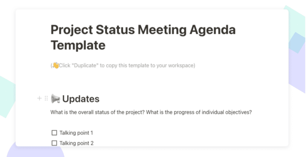 Modèle et ordre du jour de la réunion d'avancement du projet