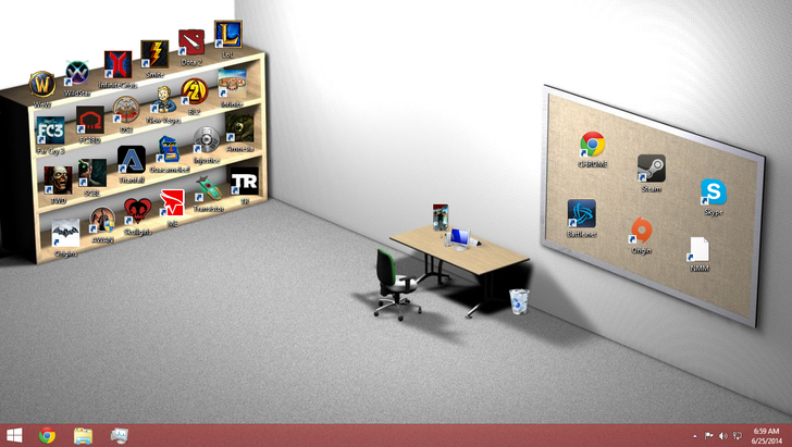 Office desktop background ideas with desktop icons organized on desk and shelves