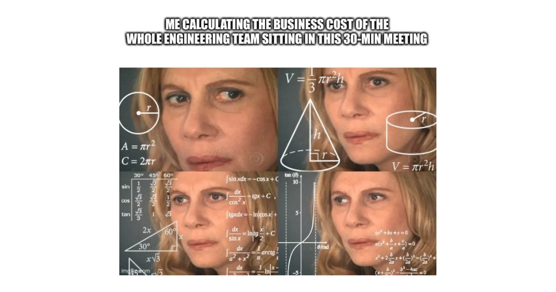 meme about the cost of a meeting being an incrediblly hard math puzzle