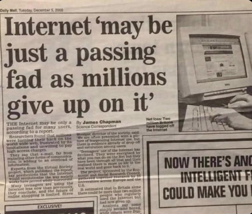 2000년 12월 6일자 신문 헤드라인은 인터넷이 일시적인 유행에 그칠 수 있음을 시사합니다.