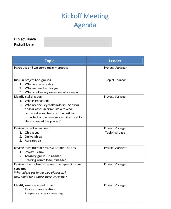 Modelo de agenda de reunião inicial