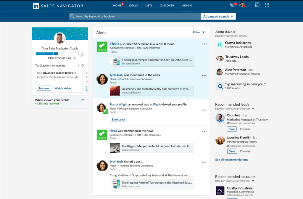 Vue du navigateur de vente LinkedIn pour les outils de sensibilisation à LinkedIn