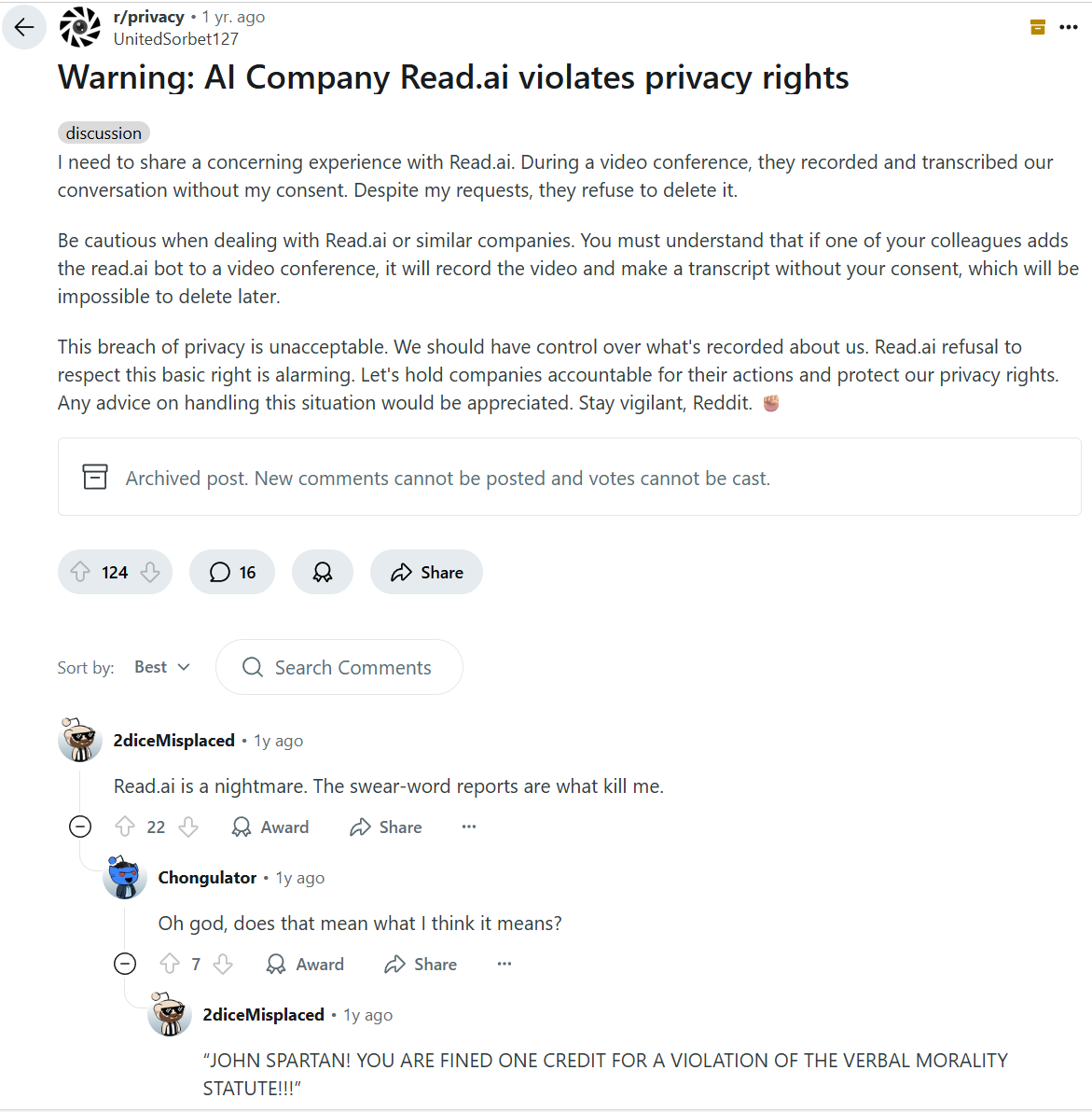 Read.ai's reputation is not any better on Reddit.