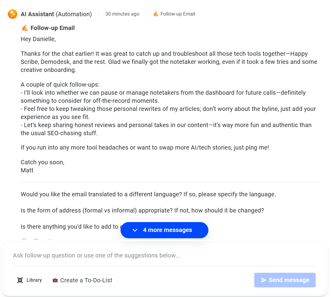 Demodesk's AI assistant automatically generated an email for me.