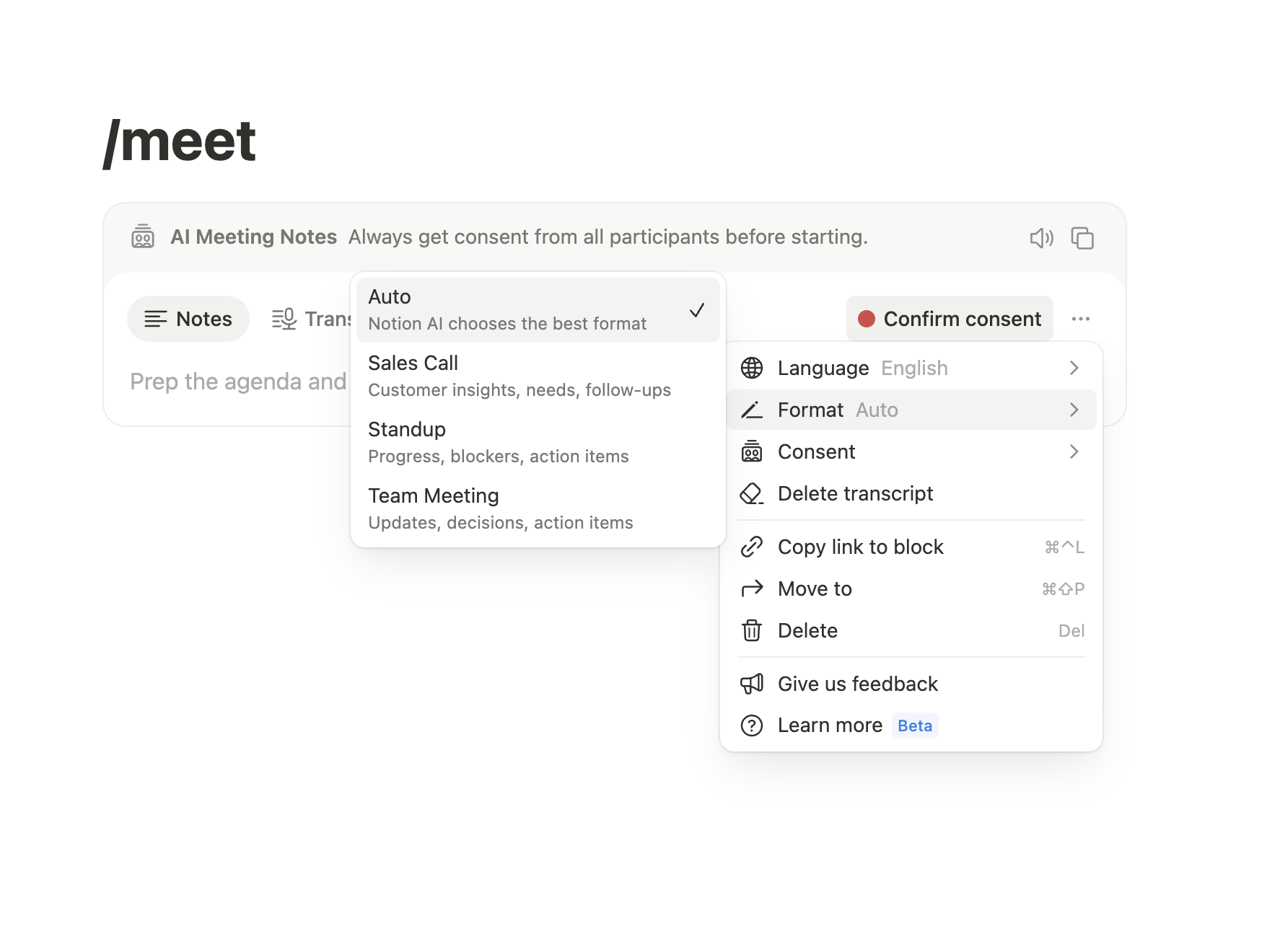 types of meeting templates in Notion AI Meeting Notes