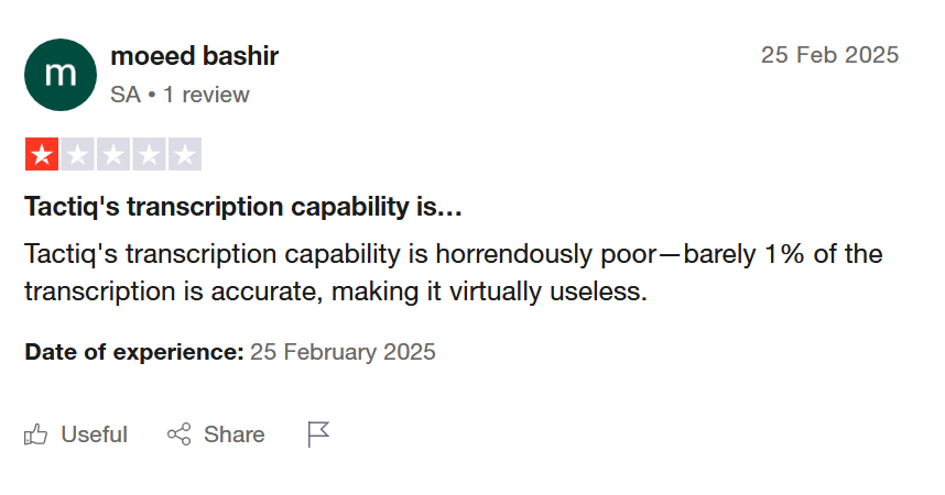 Tactiq's 1 star review on TrustPilot