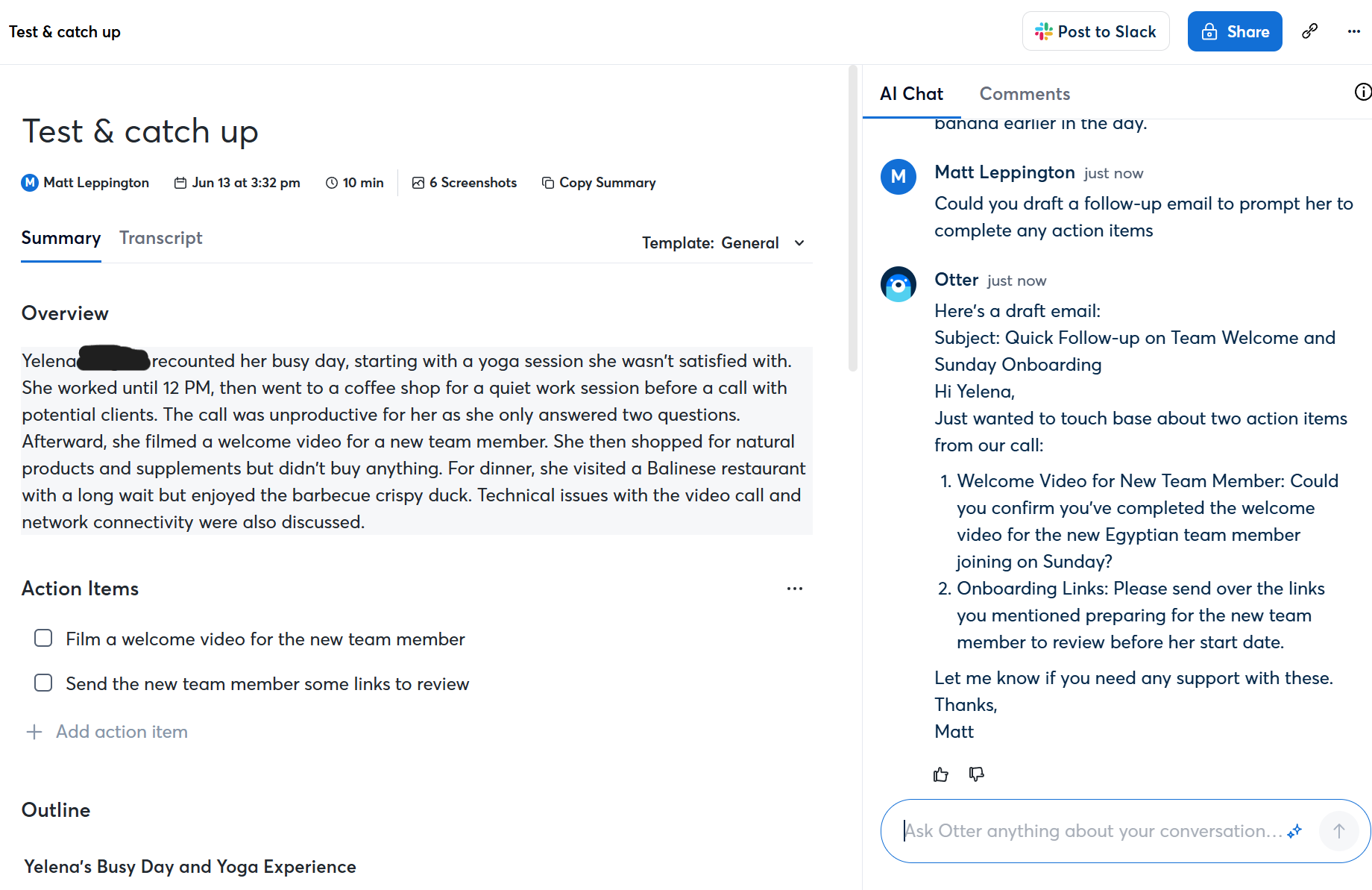 Otter's AI summary and follow up email generation