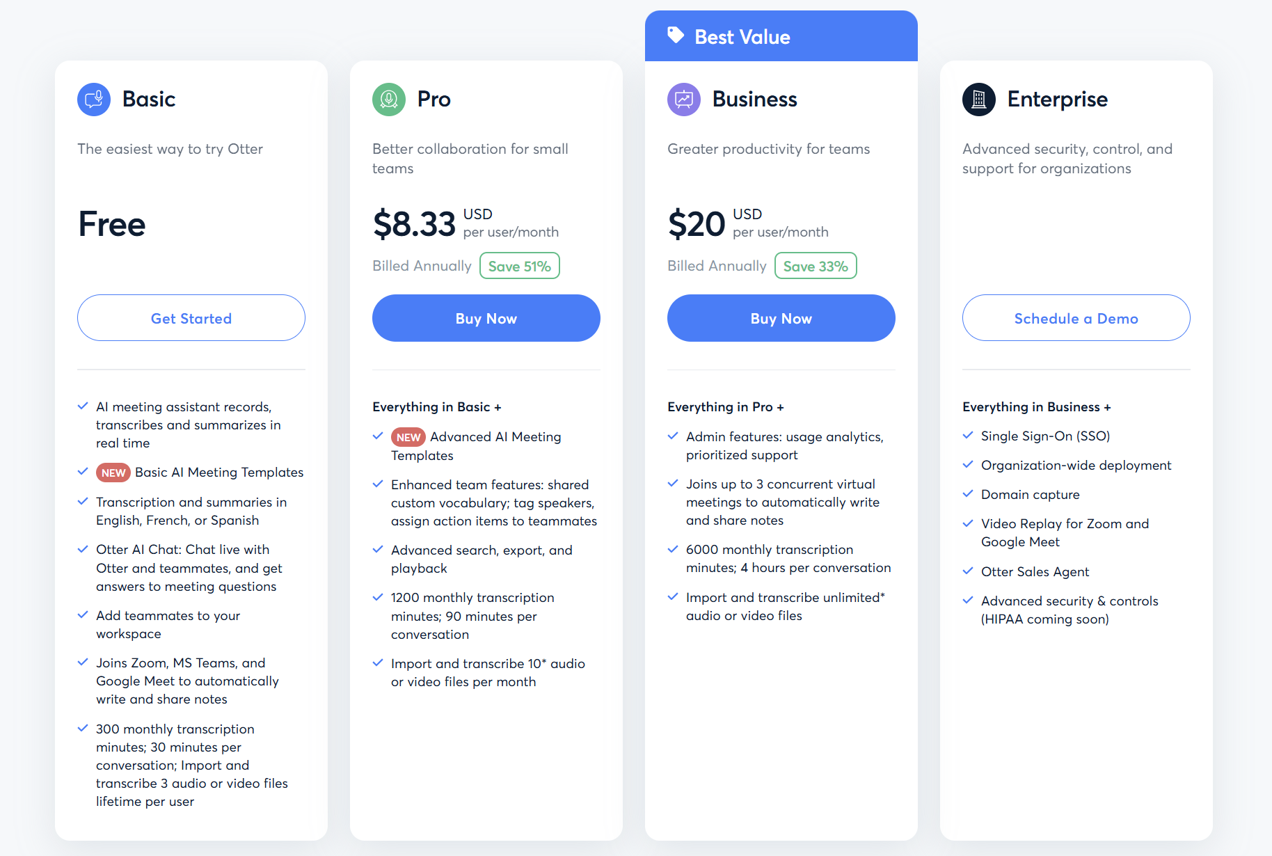 Otter's pricing page as of June 2025