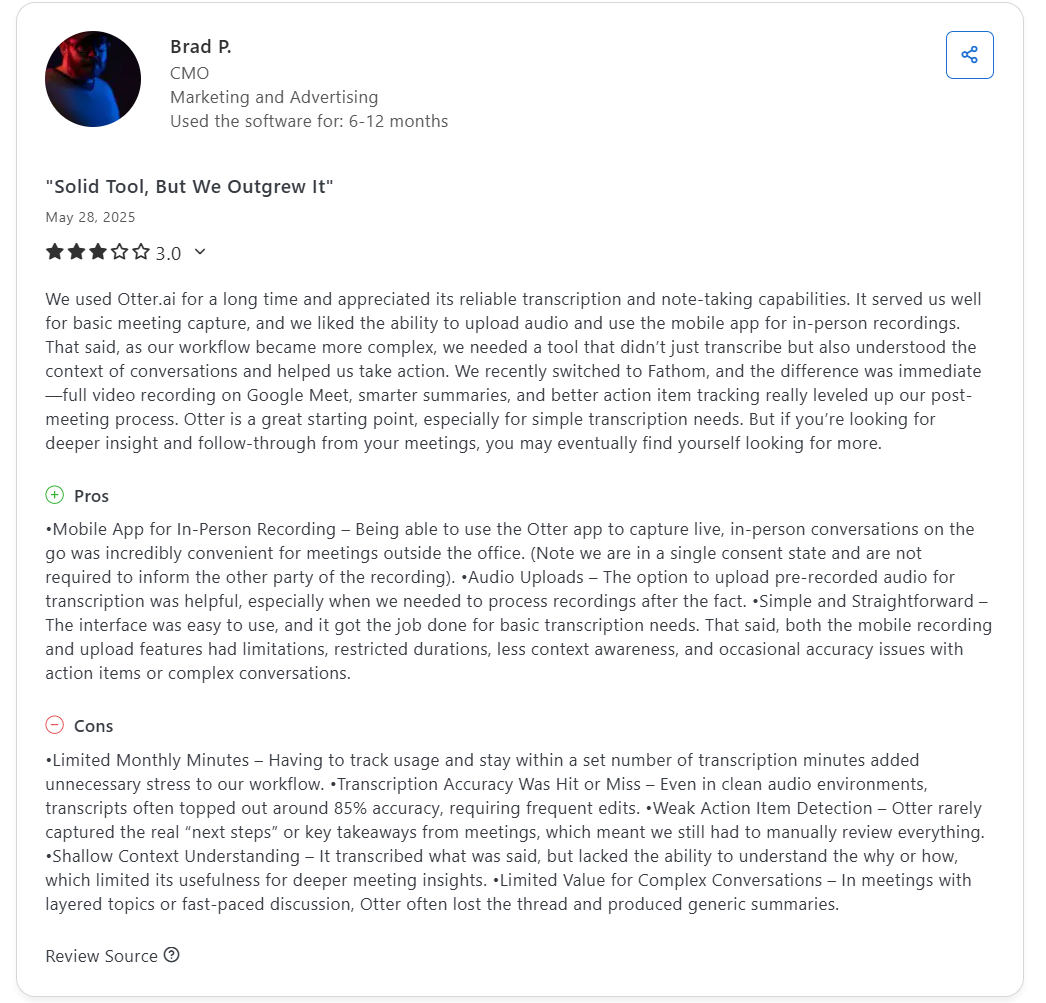 Otter's 3 star review on Capterra.