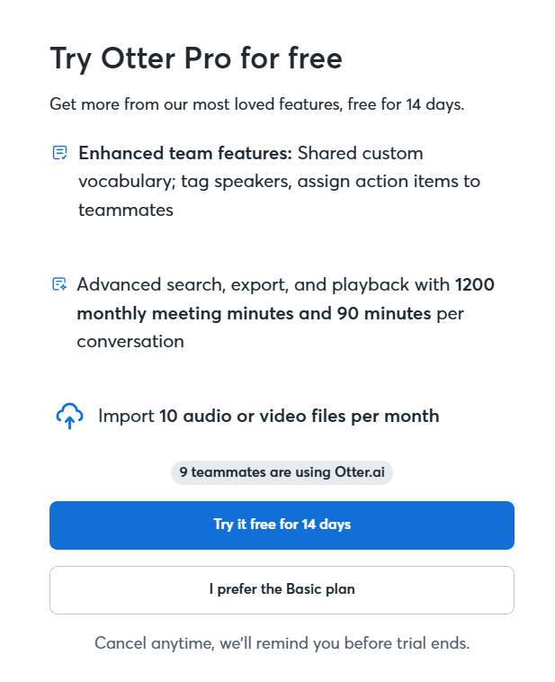 Otter's upsell during onboarding