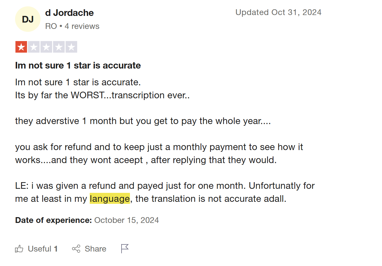 TrustPilot review of Notta: 1/5