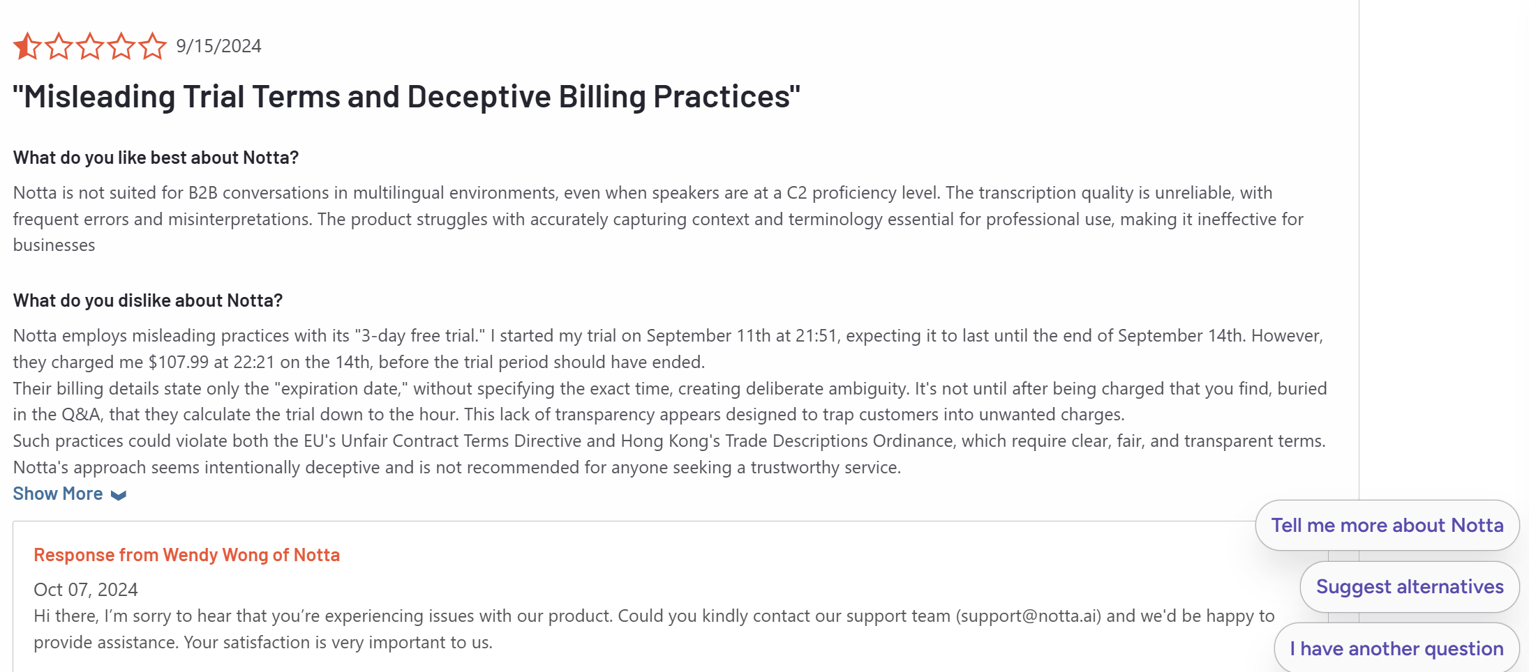 Notta 0.5/5 review on G2 for deceptive billing practices