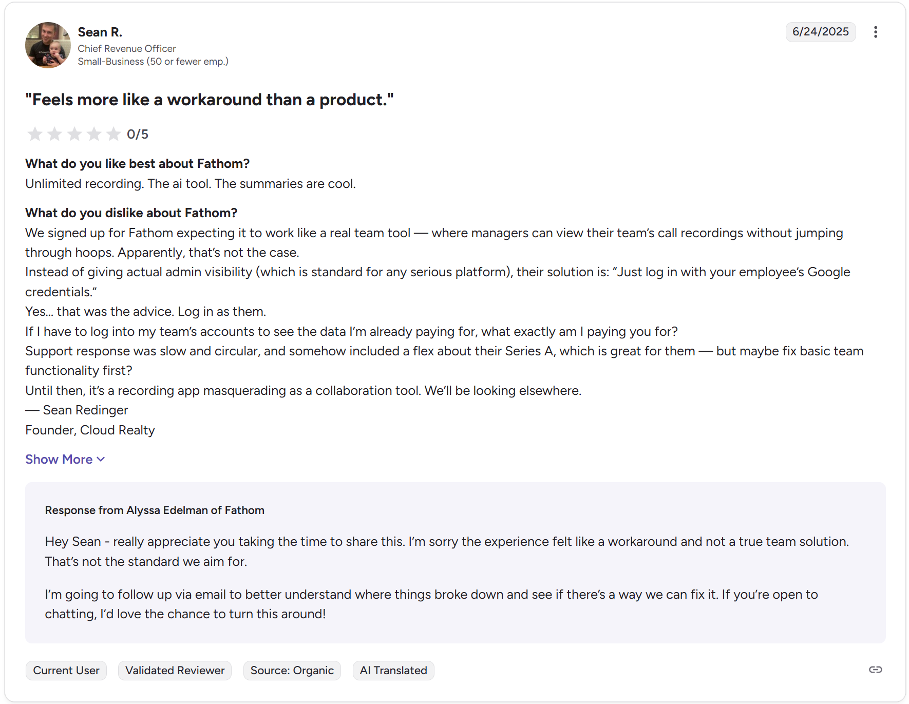 Fathom 0 star review on G2