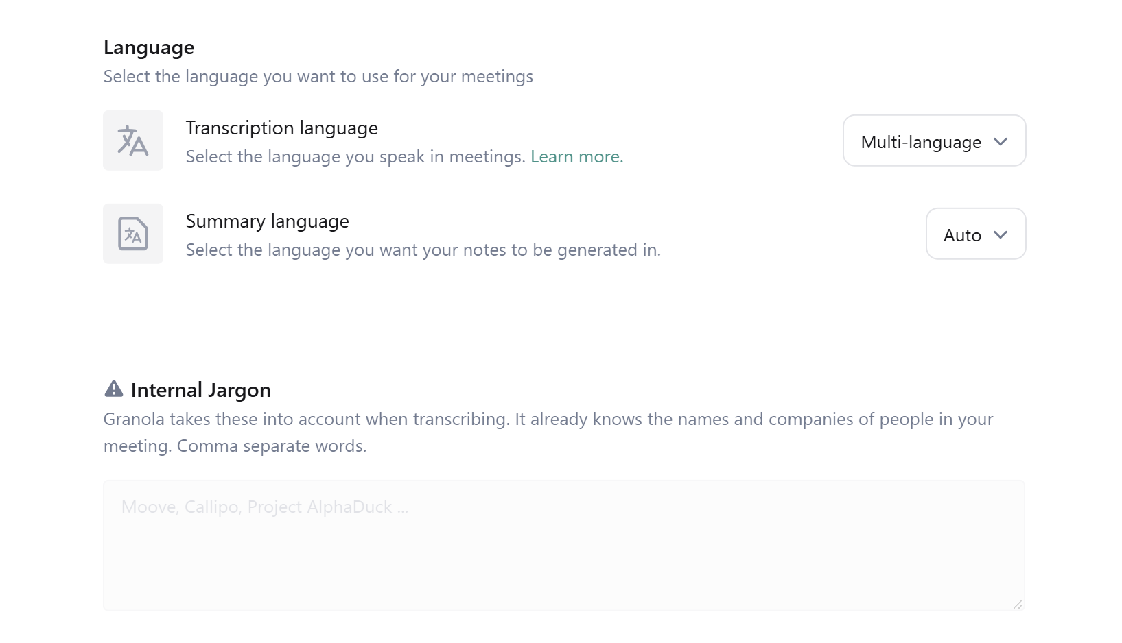 Granola's custom vocabulary feature