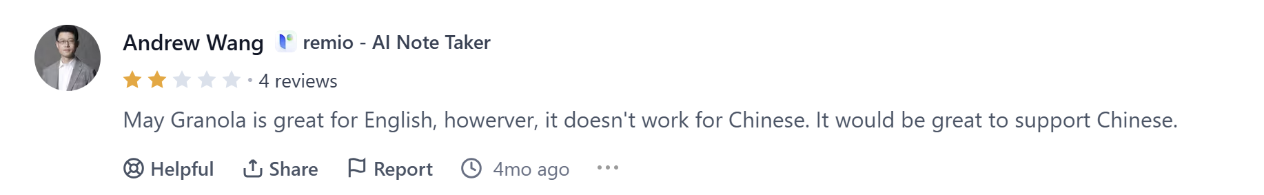 A 2/5 star review of Granola on ProductHunt.