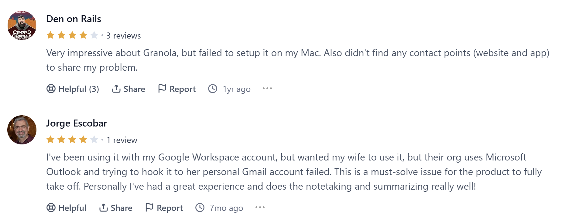 Two 4 star reviews of Granola on ProductHunt.