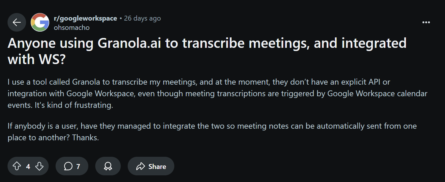 A low-engagement Reddit post about Granola's weak integration