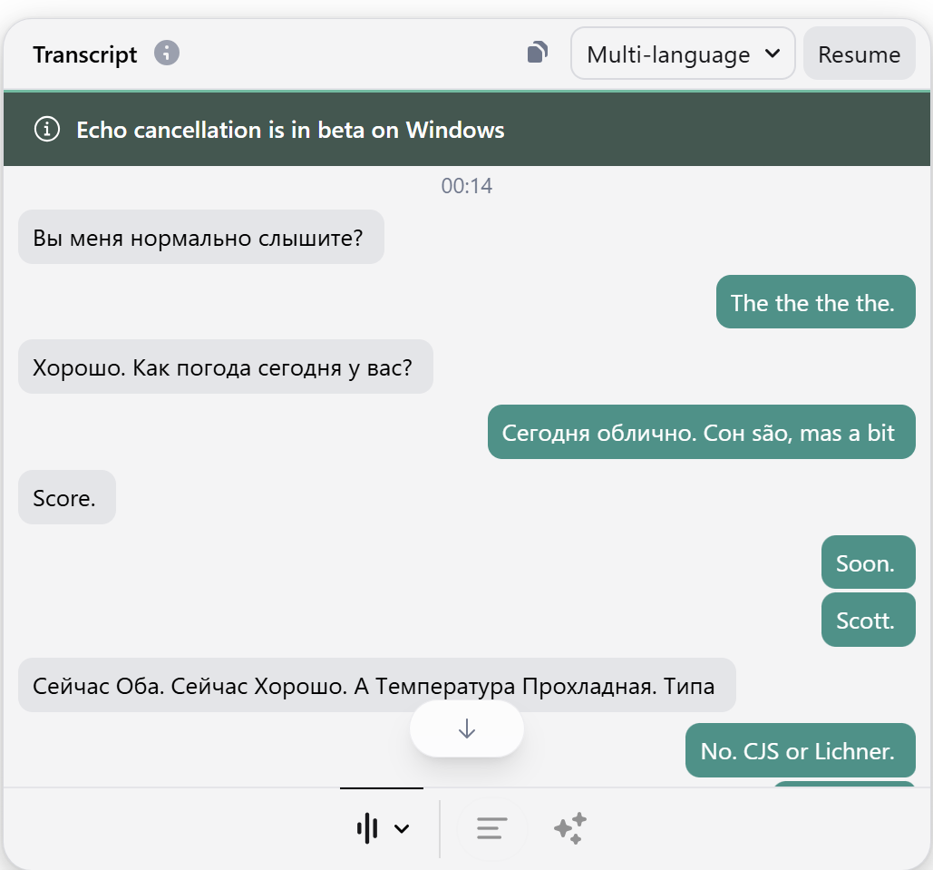 Granola's attempt at transcribing a Russian language lesson.