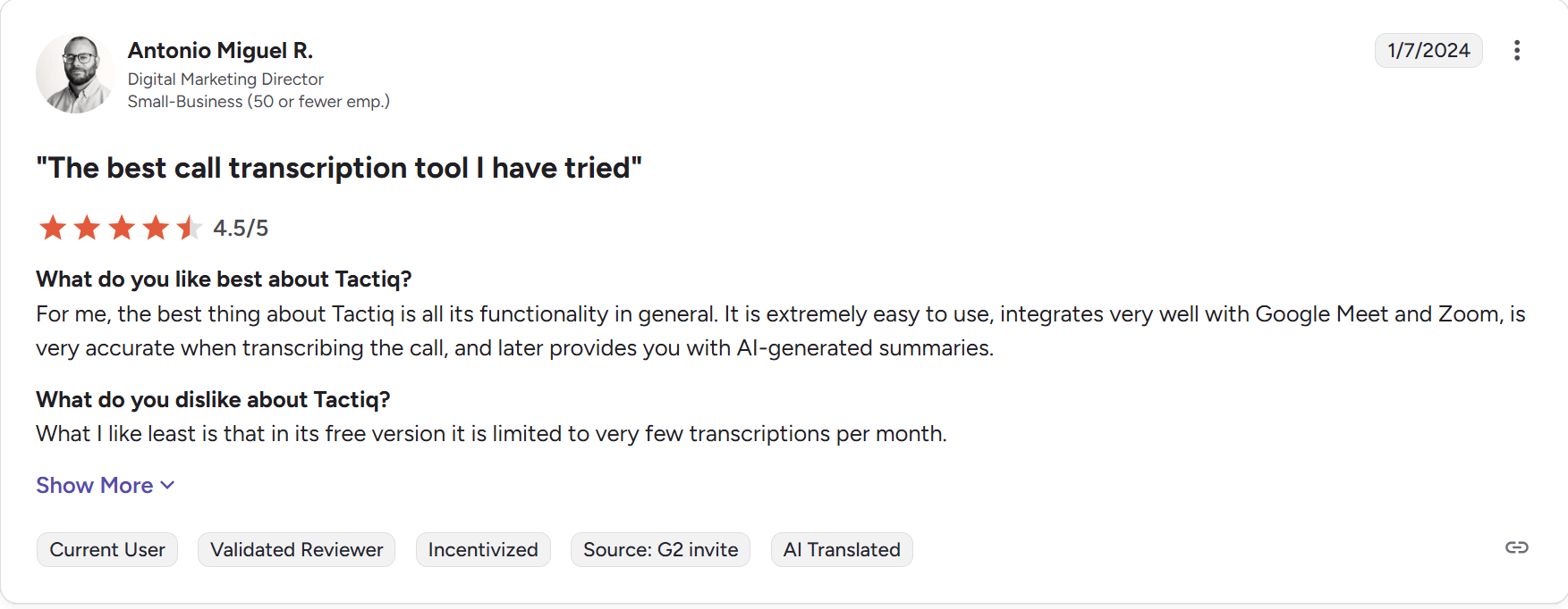 Tactiq's 4.5 star review on G2