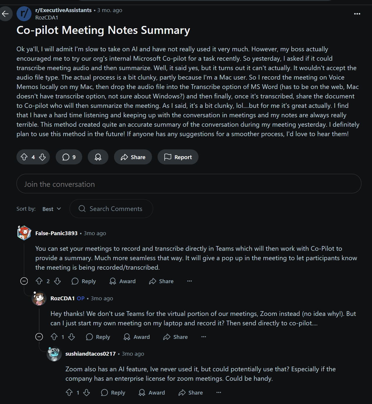 Reddit post explaining the clunky process of using Copilot for summaries