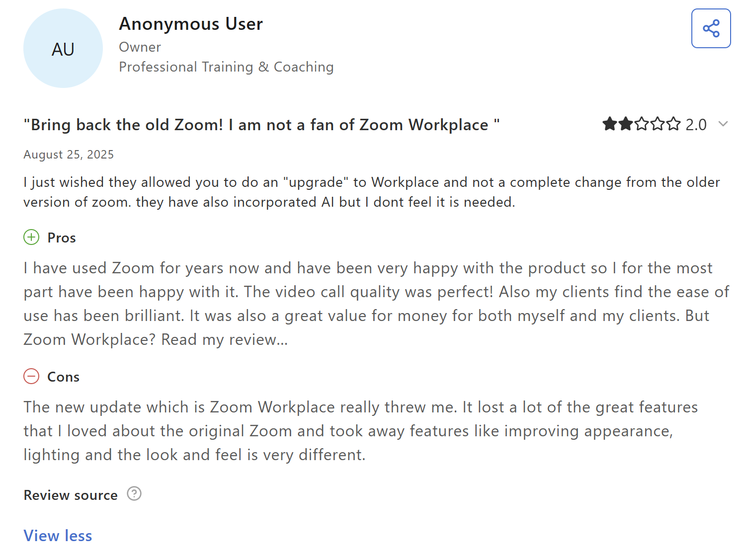 Zoom's AI gets a 2-star review on Capterra.