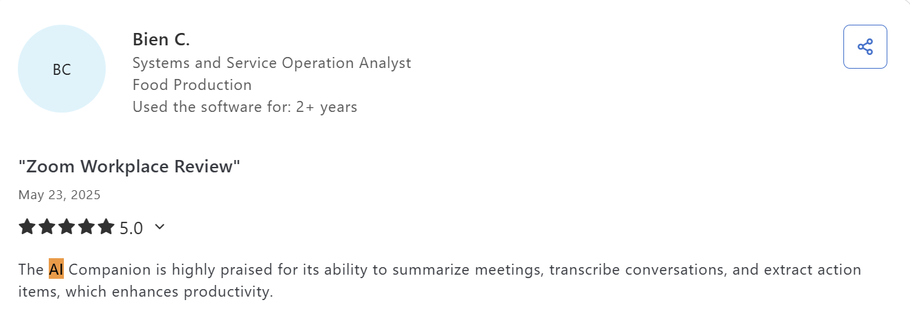 A user on Capterra loves Zoom AI Companion.
