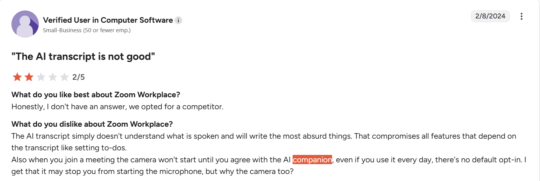 A 2-star review for Zoom's AI Companion on G2.