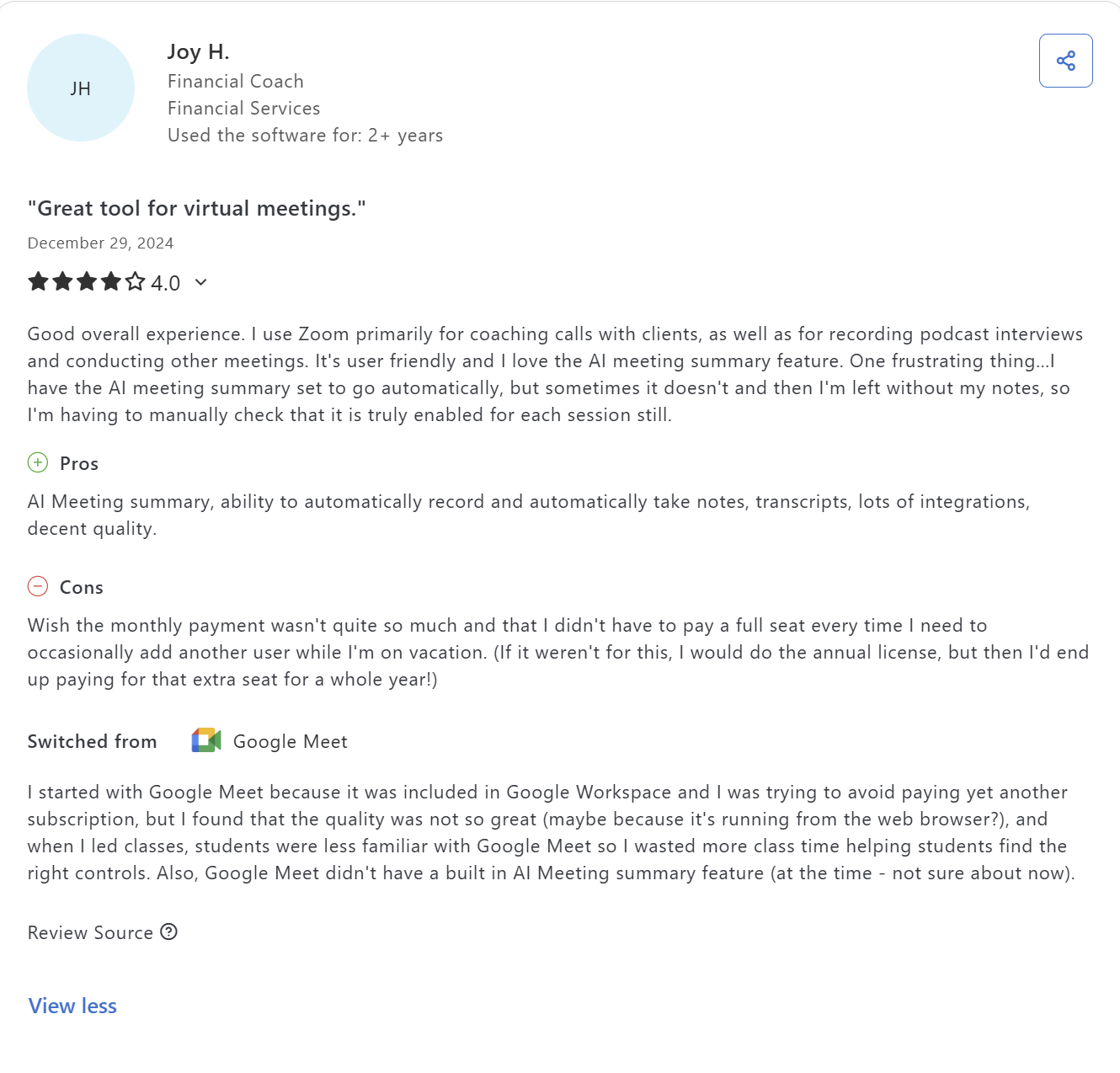 A 4 star review for Zoom on Capterra.
