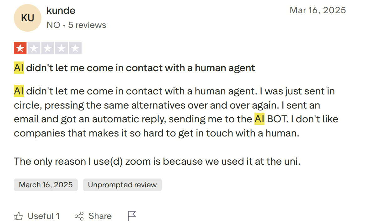 Zoom's poor customer service reviews #1