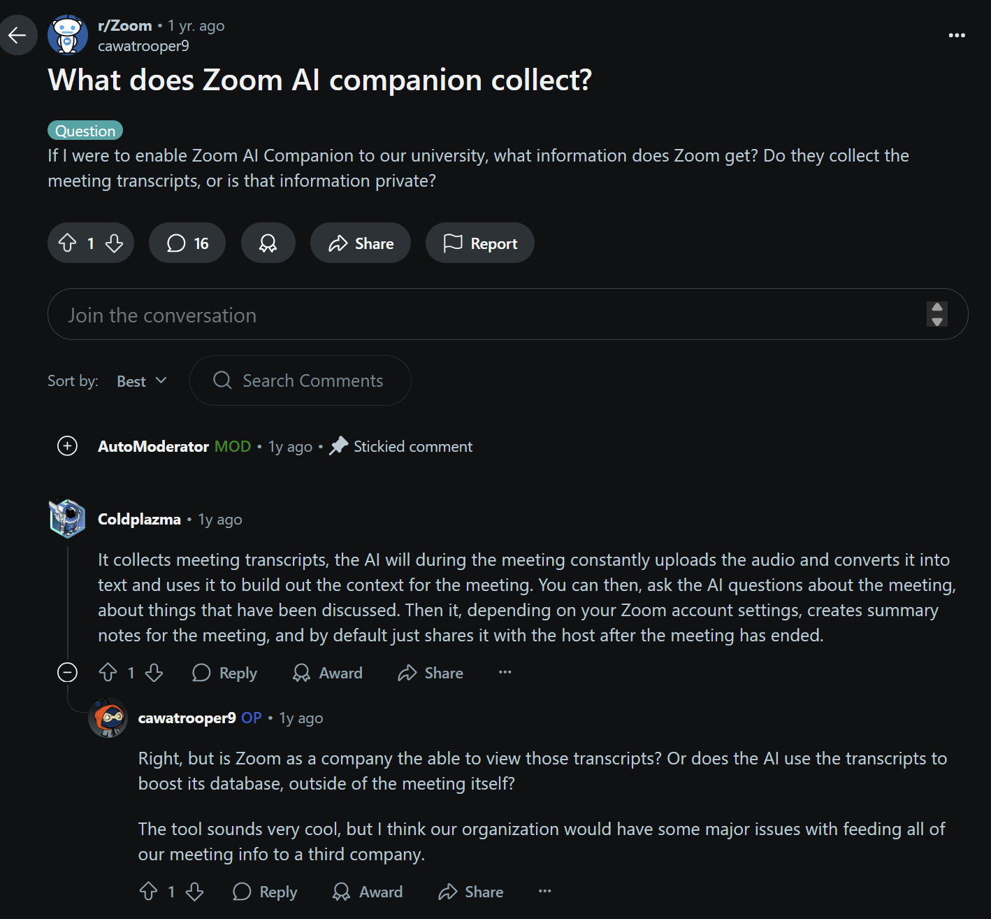 Reddit post about privacy concerns on Zoom AI Companion.