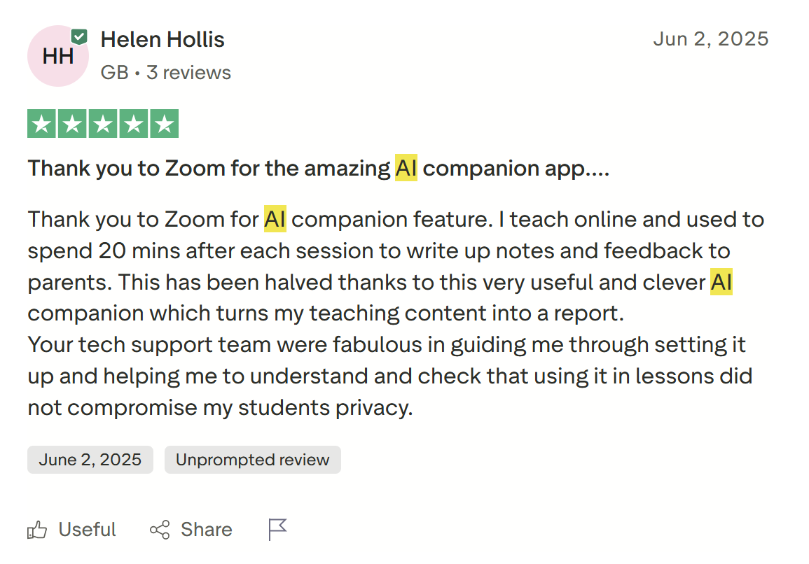 Helen's 5 star review of AI Companion.