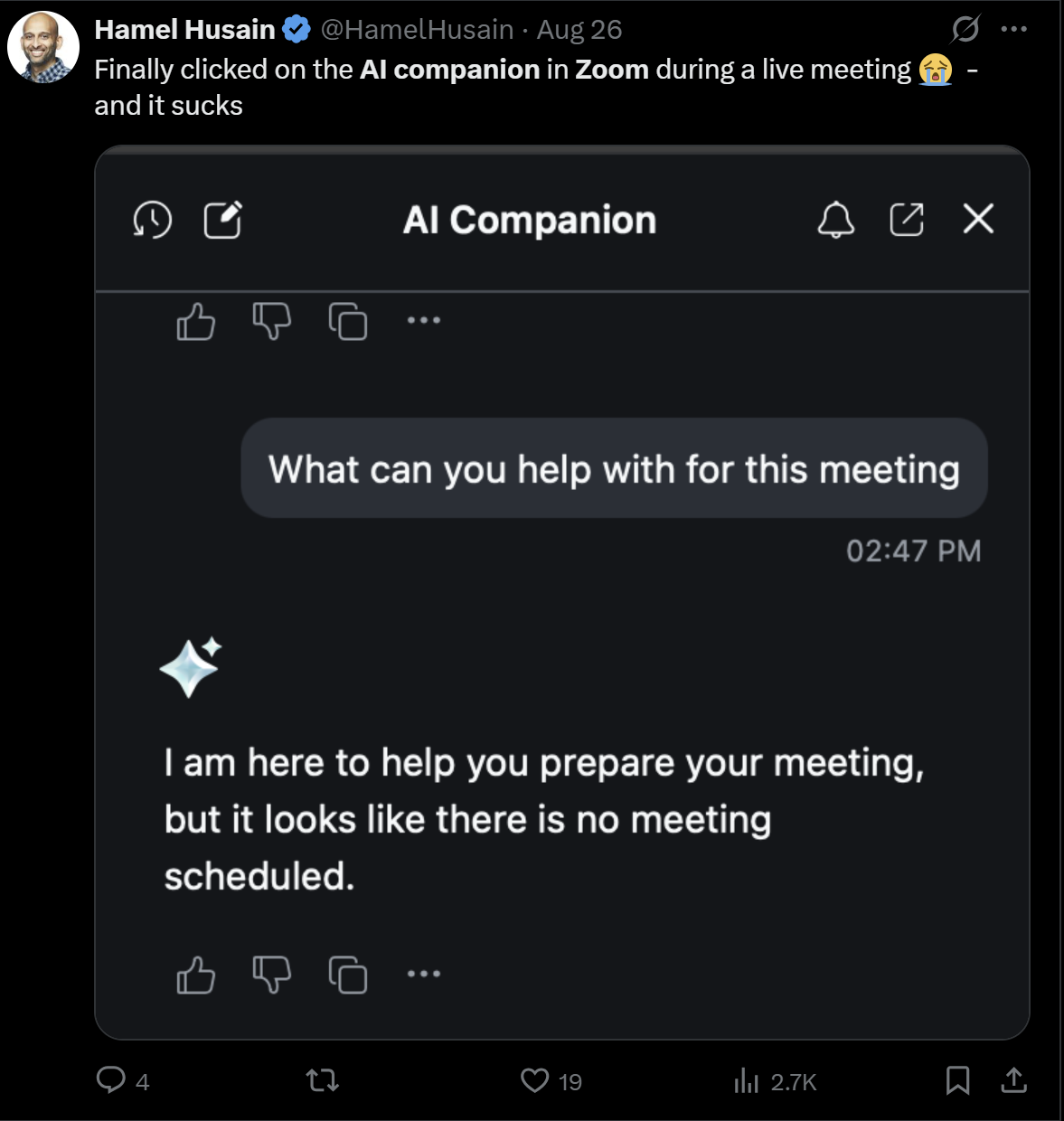 X post criticizes Zoom's AI capabilities.