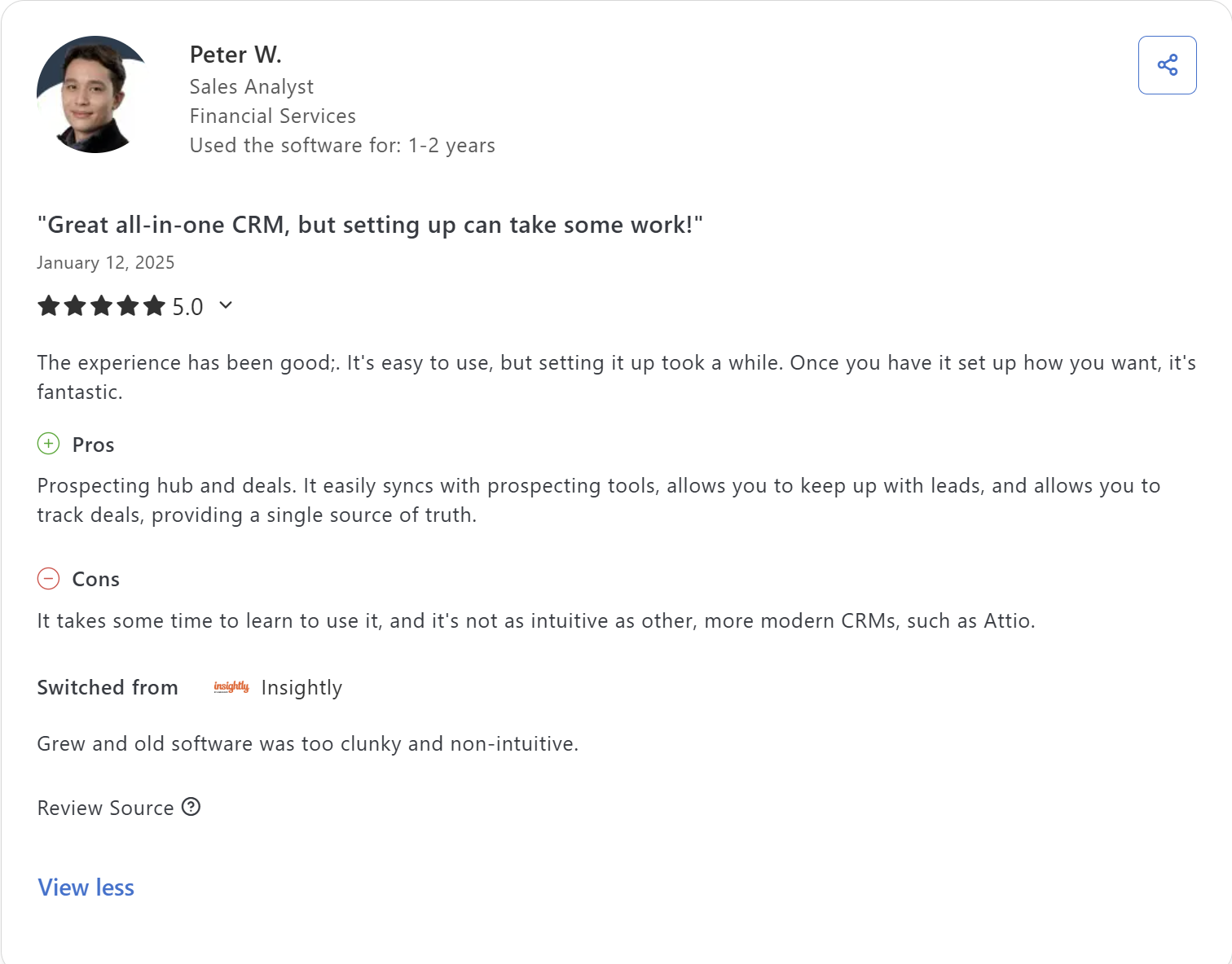 A 5 star review of HubSpot on Capterra.