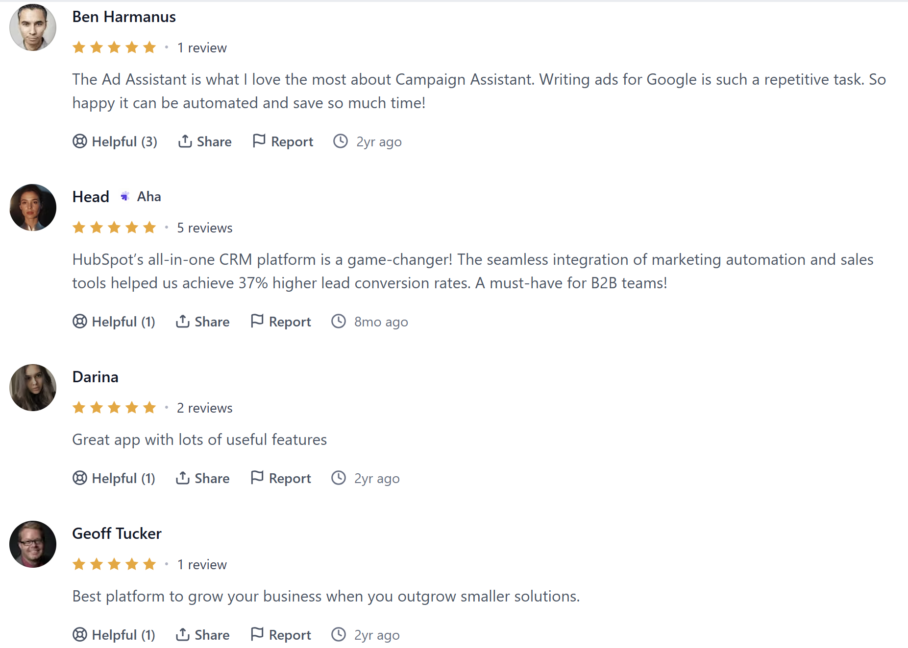 5 star reviews of HubSpot on ProductHunt.