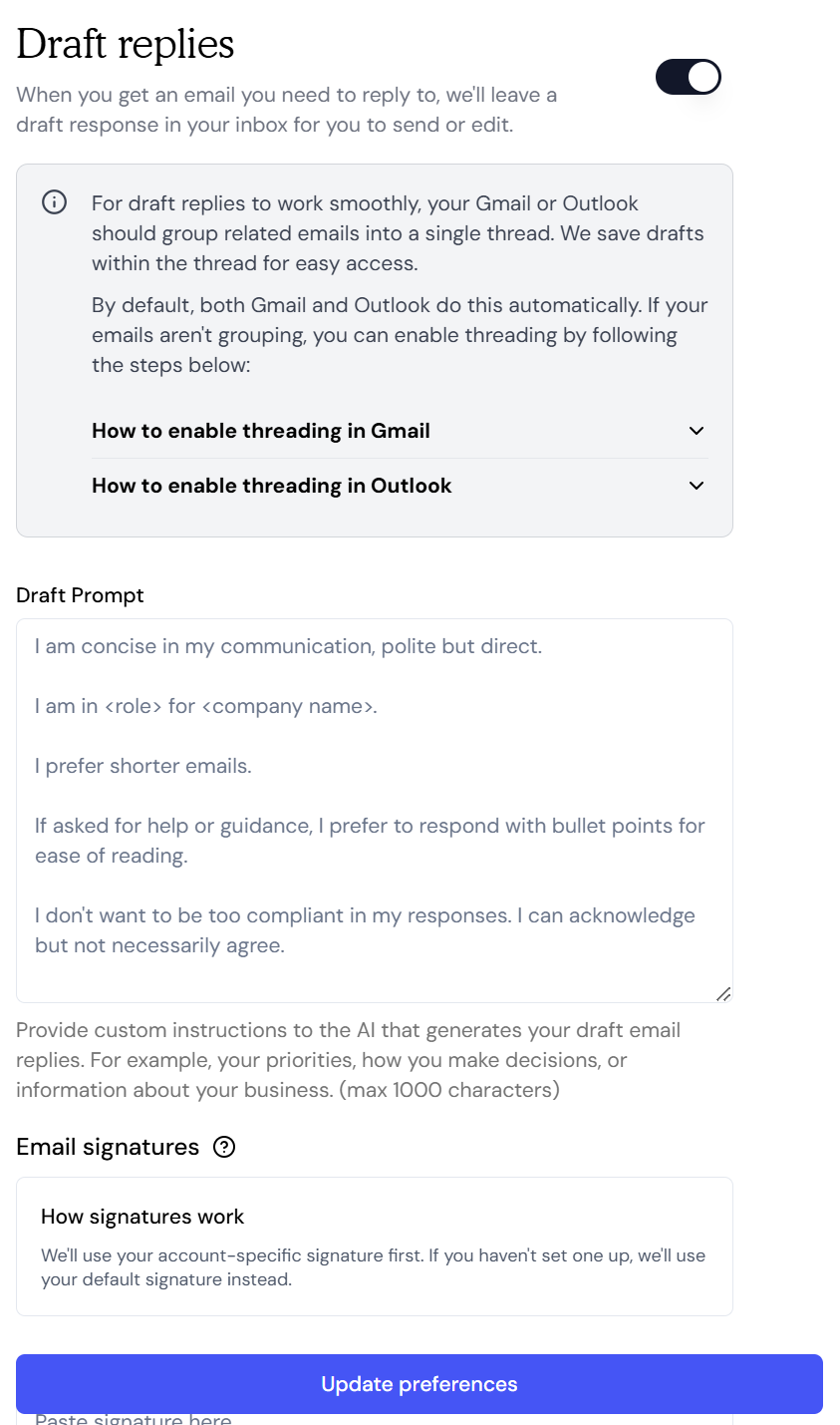 Fyxer.ai's email draft settings