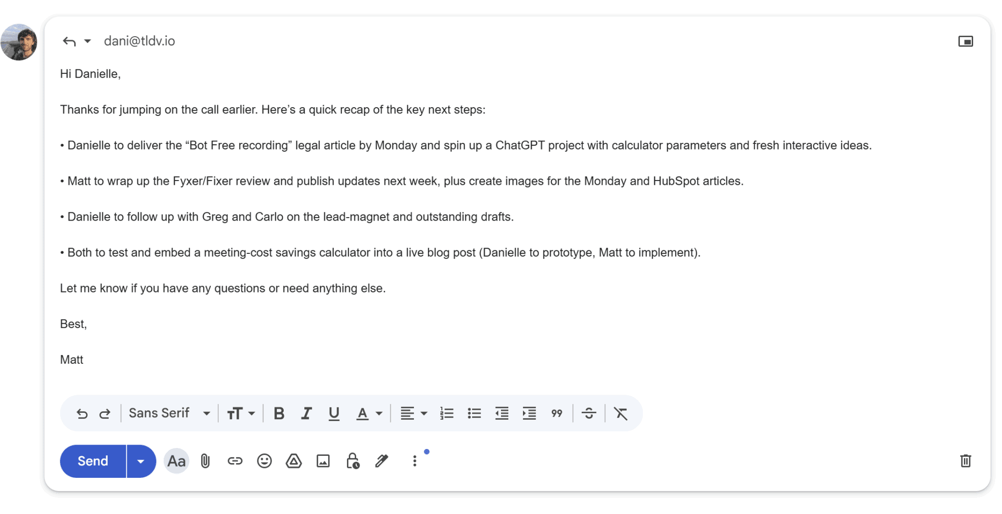 Fyxer's draft email example