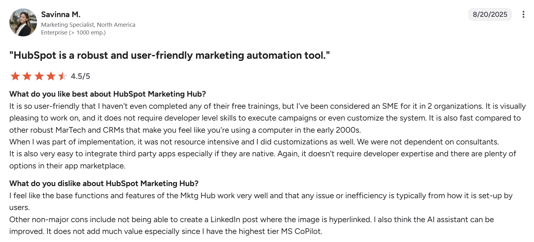HubSpot's 4.5/5 star review on G2.
