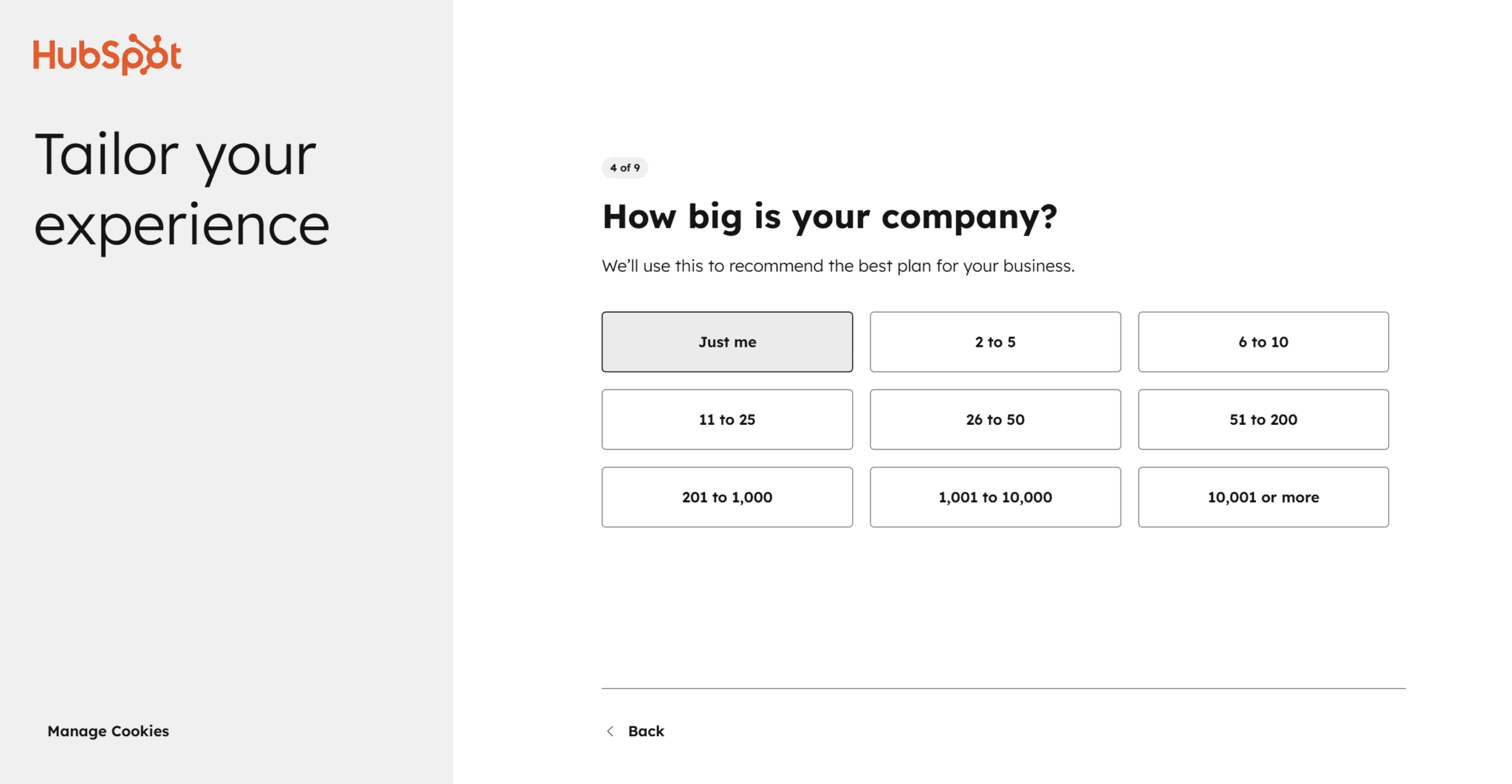 Hubspot onboarding: how big is your company?