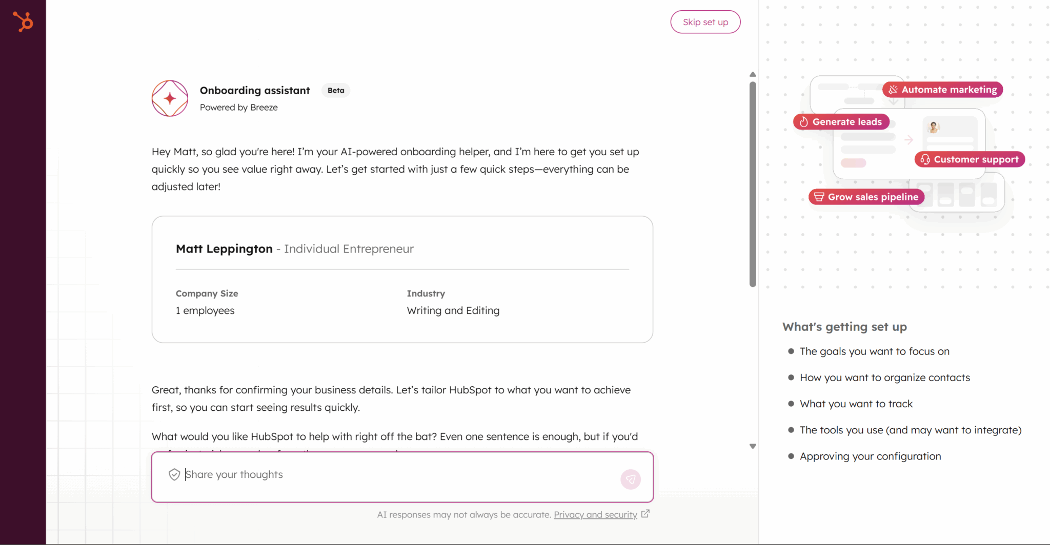 Hubspot onboarding chatbot