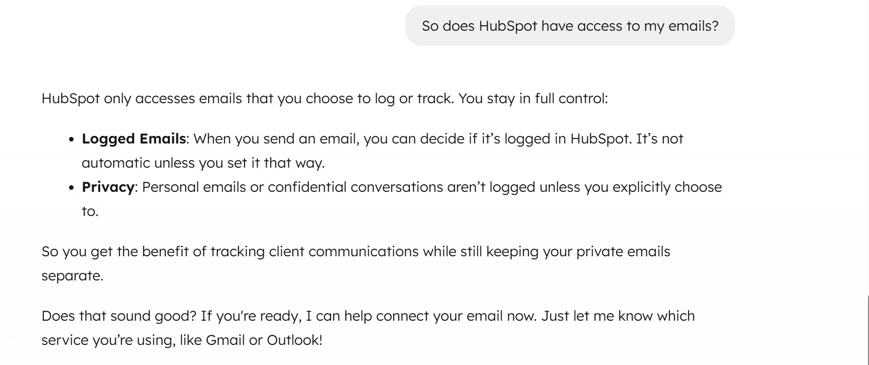 HubSpot onboardingt: does its gmail integration give it access to my emails?