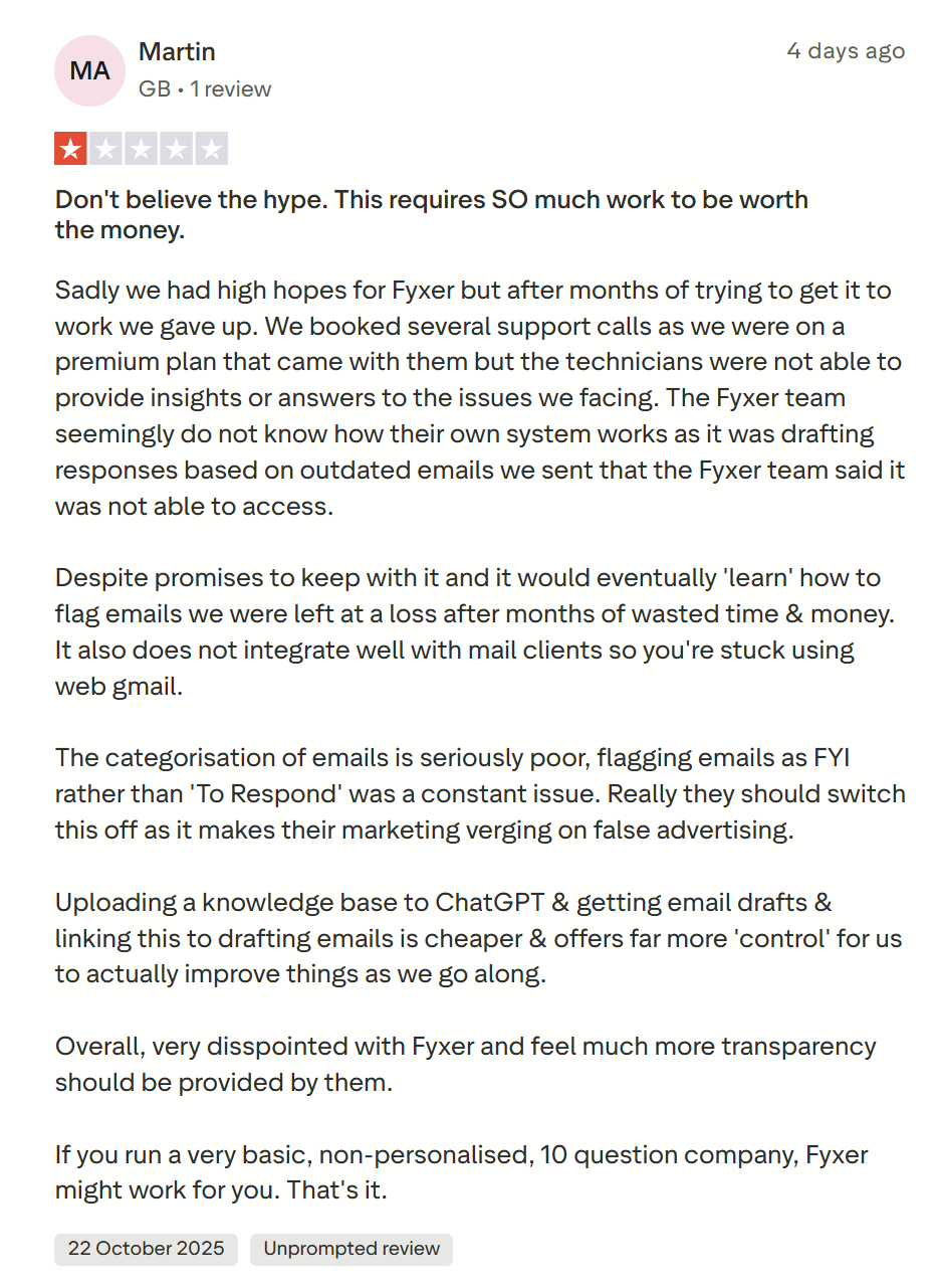 Martin's negative review of Fyxer.ai