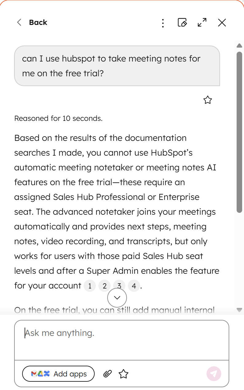 There's no AI meeting assistant available in HubSpot's free plan. It's reserved for Sales and Enterprise users.