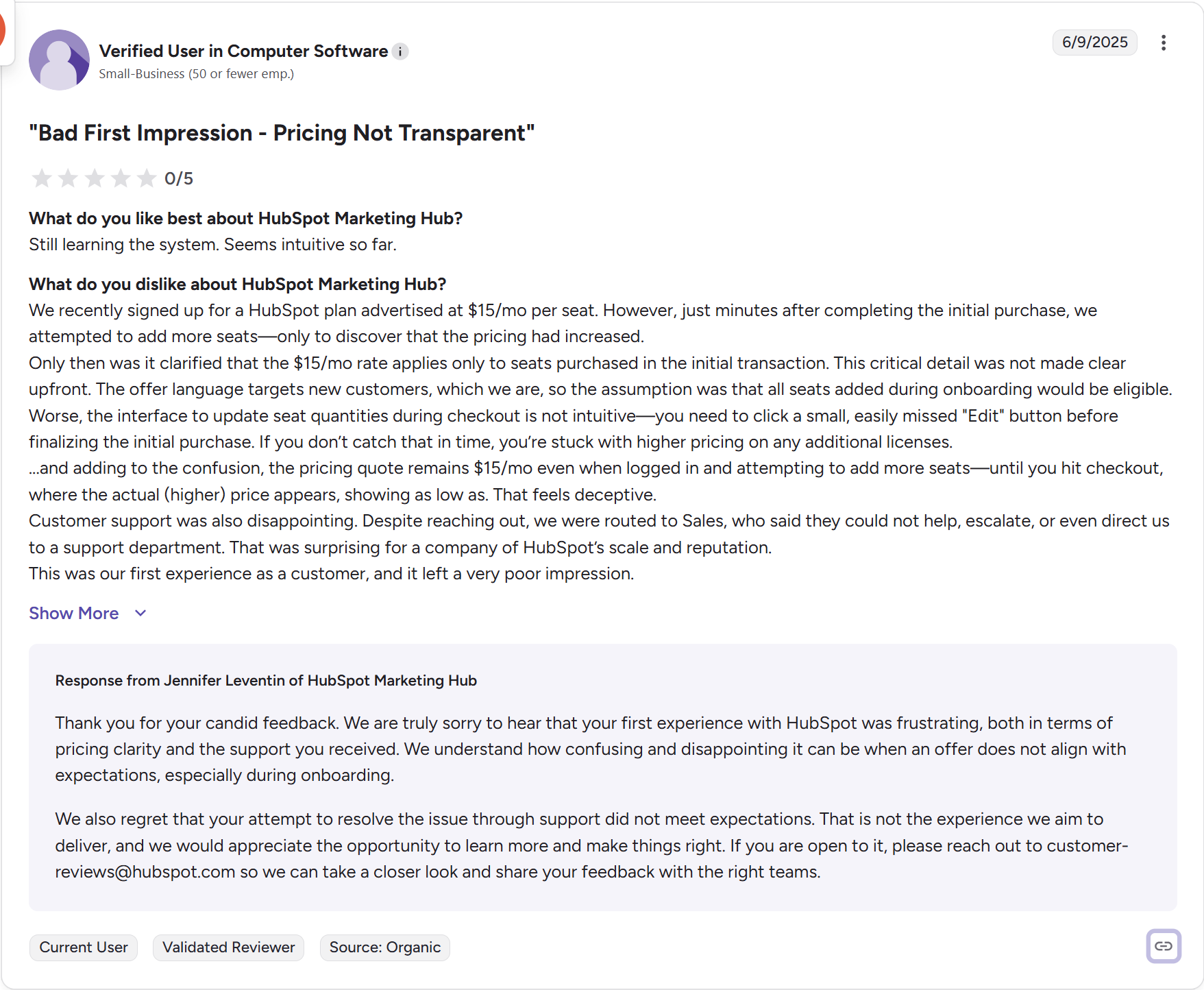 A negative G2 review that said the price changed after the initial purchase.