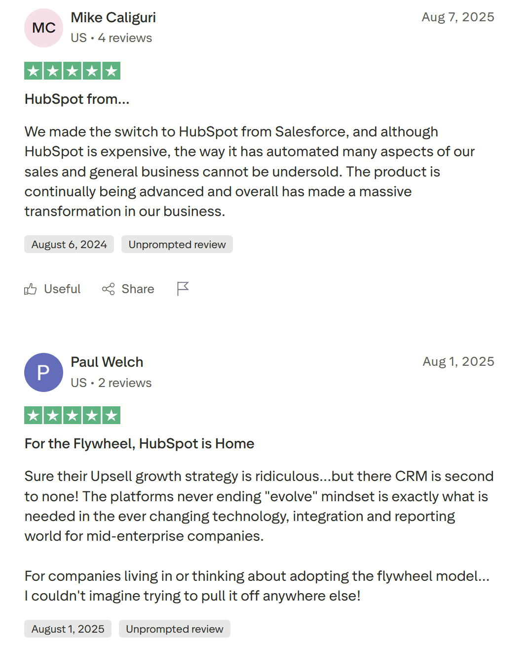 Two 5 star reviews of HubSpot on TrustPilot.