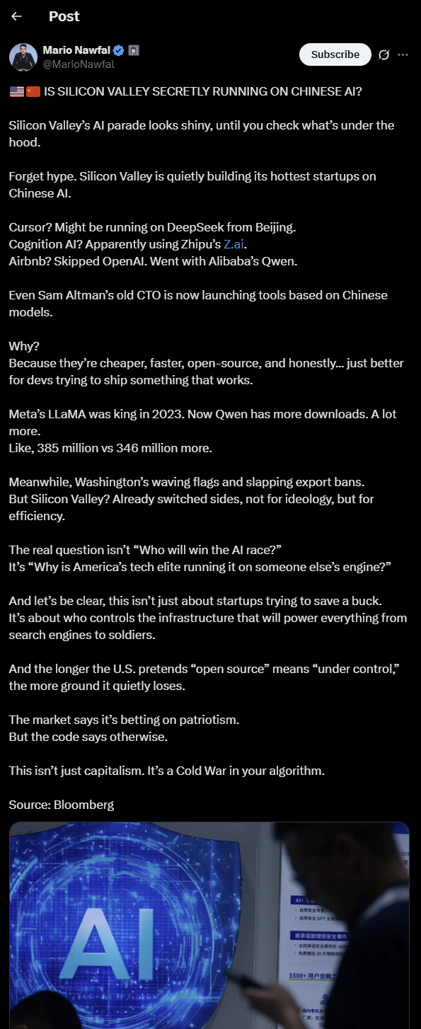 Tweet: Is silicon valley choosing Chinese AI over American?